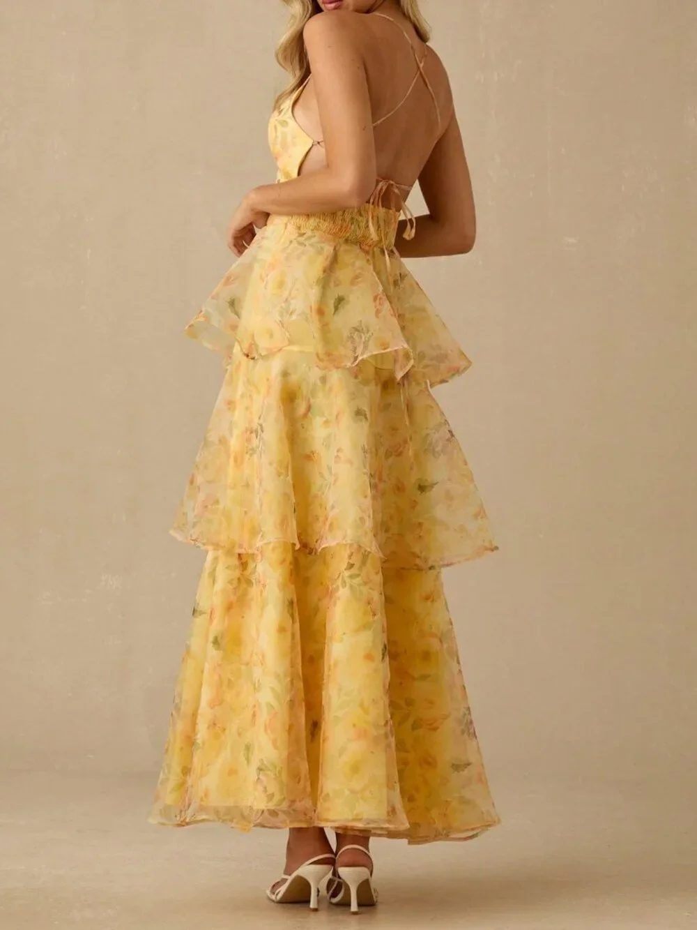 Yellow  Women's Romantic Floral Print Spaghetti Strap Ruffled Hem Maxi Dress - Picture 2 of 7